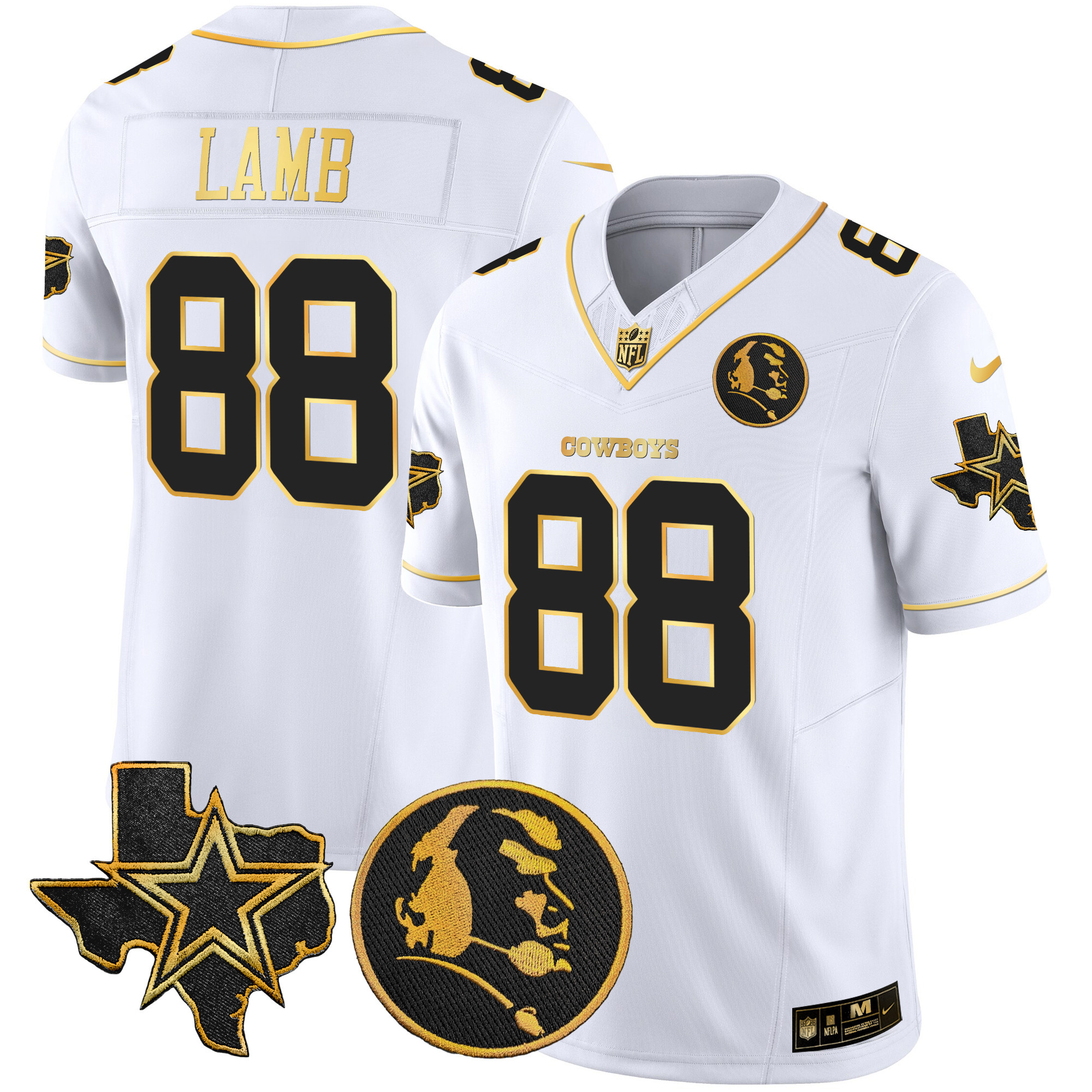 CeeDee Lamb Men's Dallas Cowboys Texas & John Madden Patch Gold Vapor White Jersey - All Stitched 