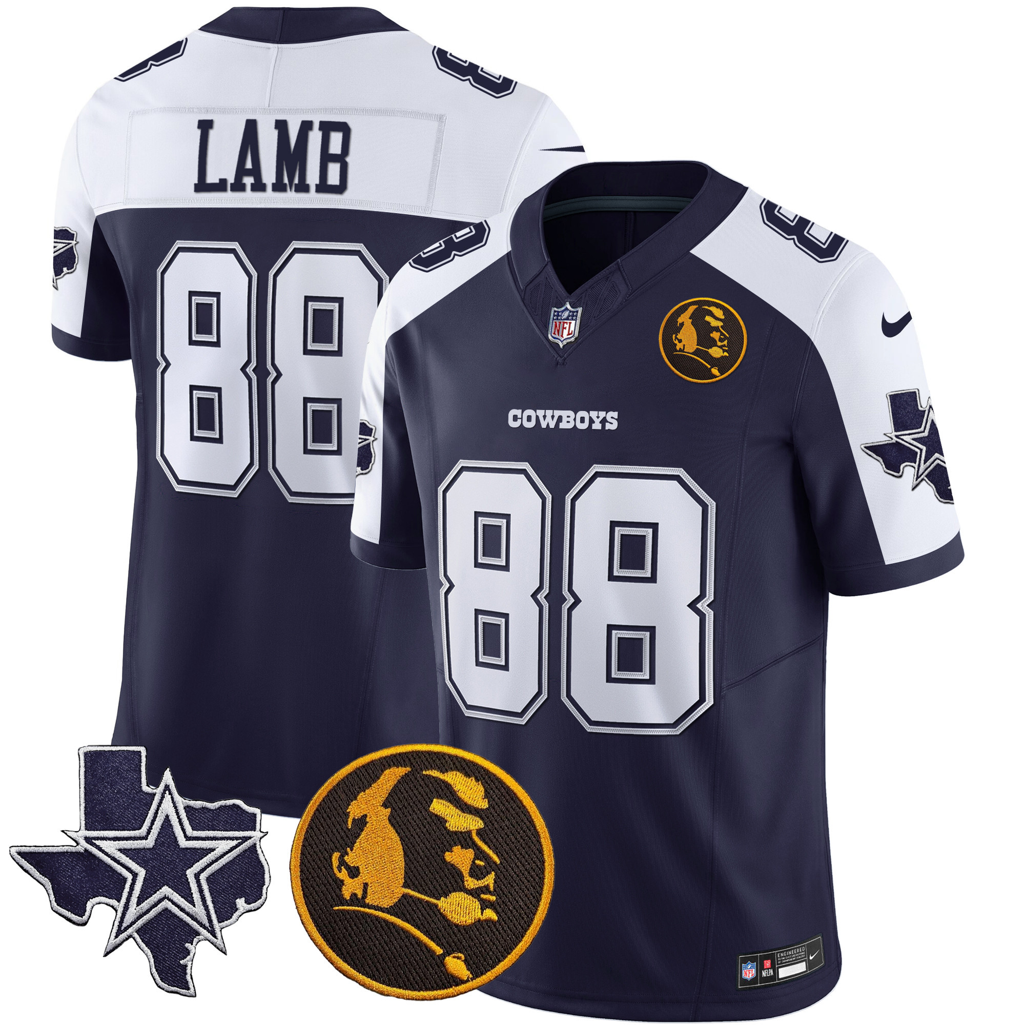 CeeDee Lamb Men's Dallas Cowboys Texas & John Madden Patch Vapor Alternate Navy Jersey - All Stitched 