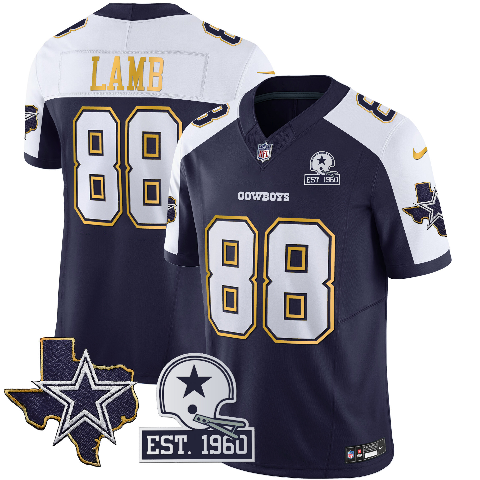 CeeDee Lamb Men's Dallas Cowboys Texas Patch Gold Trim Vapor Navy Alternate Jersey - All Stitched 
