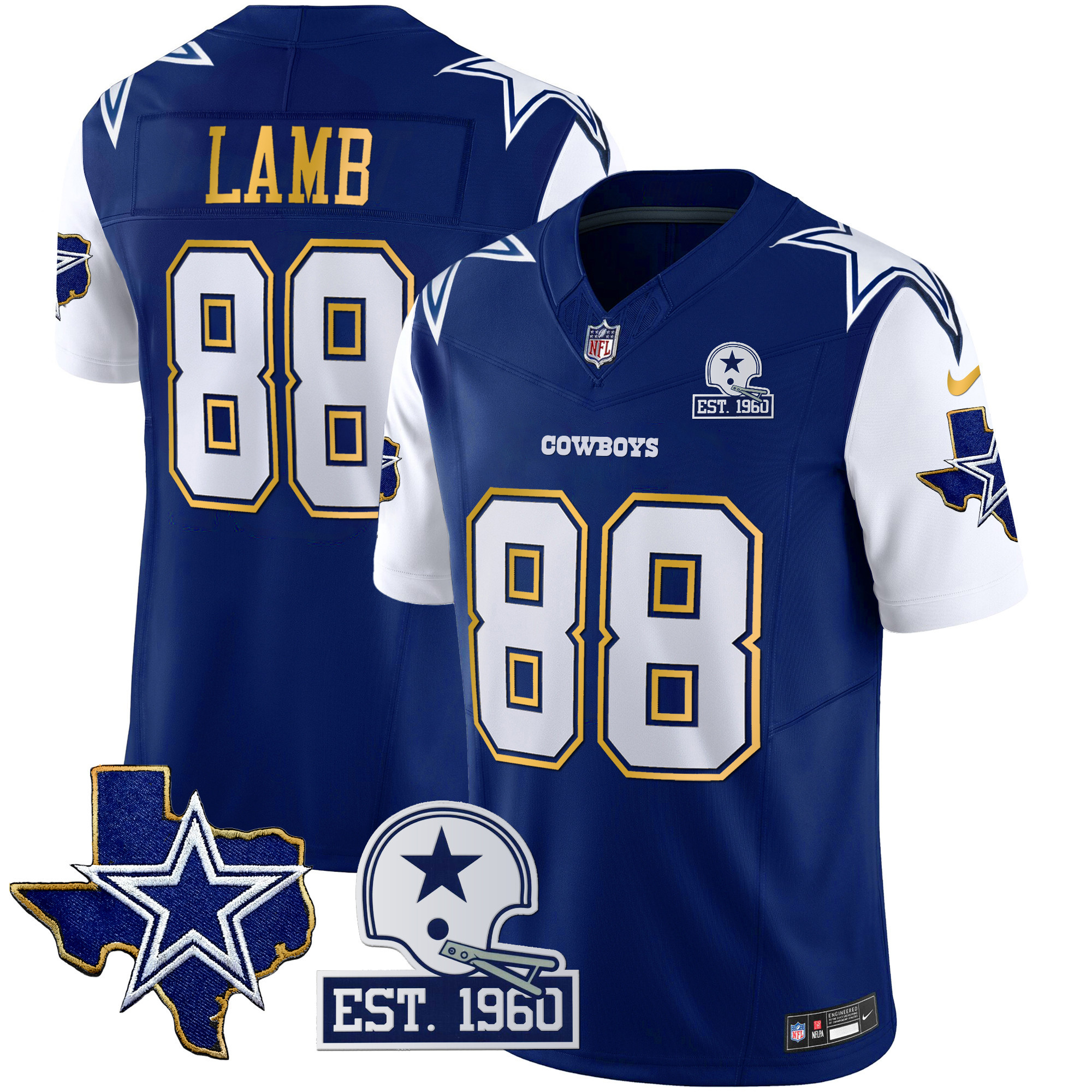 CeeDee Lamb Men's Dallas Cowboys Texas Patch Gold Trim Vapor Royal Jersey - All Stitched 
