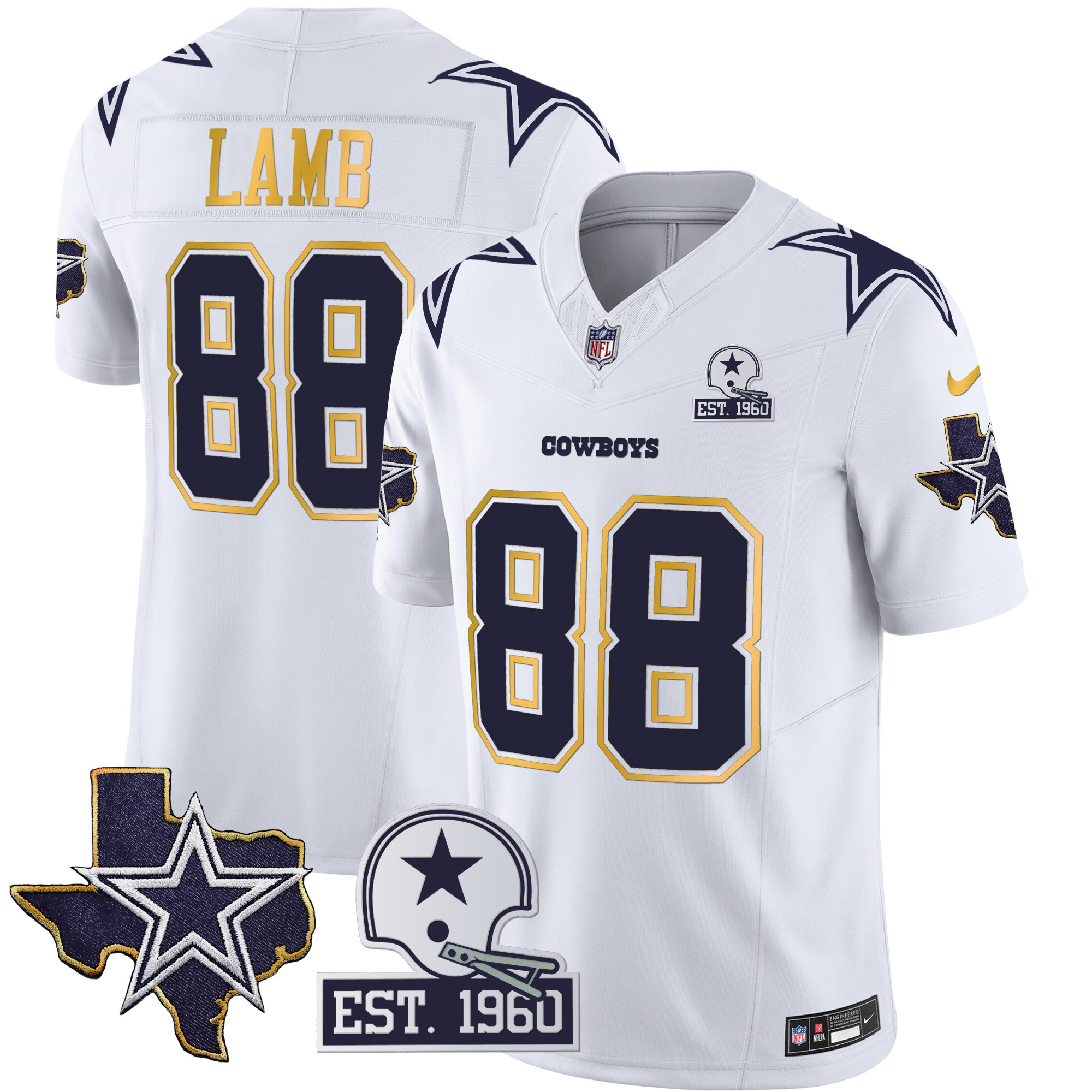 CeeDee Lamb Men's Dallas Cowboys Texas Patch Gold Trim Vapor White Jersey - All Stitched 
