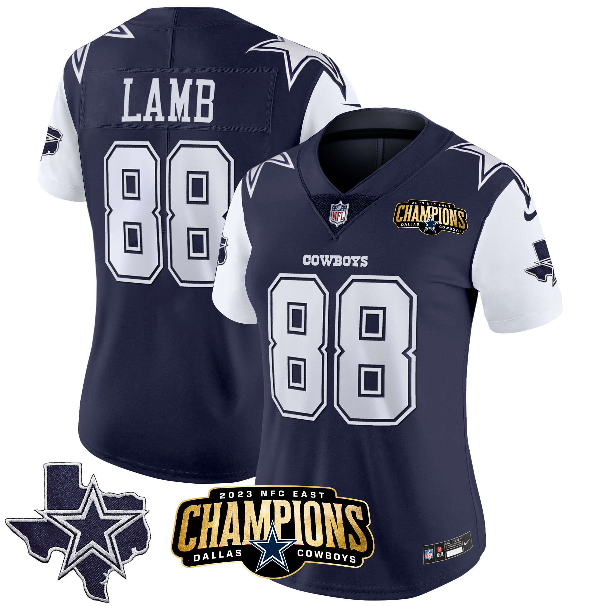 CeeDee Lamb Women's Dallas Cowboys 2023 NFC East Champions Patch Vapor Navy Jersey - All Stitched 