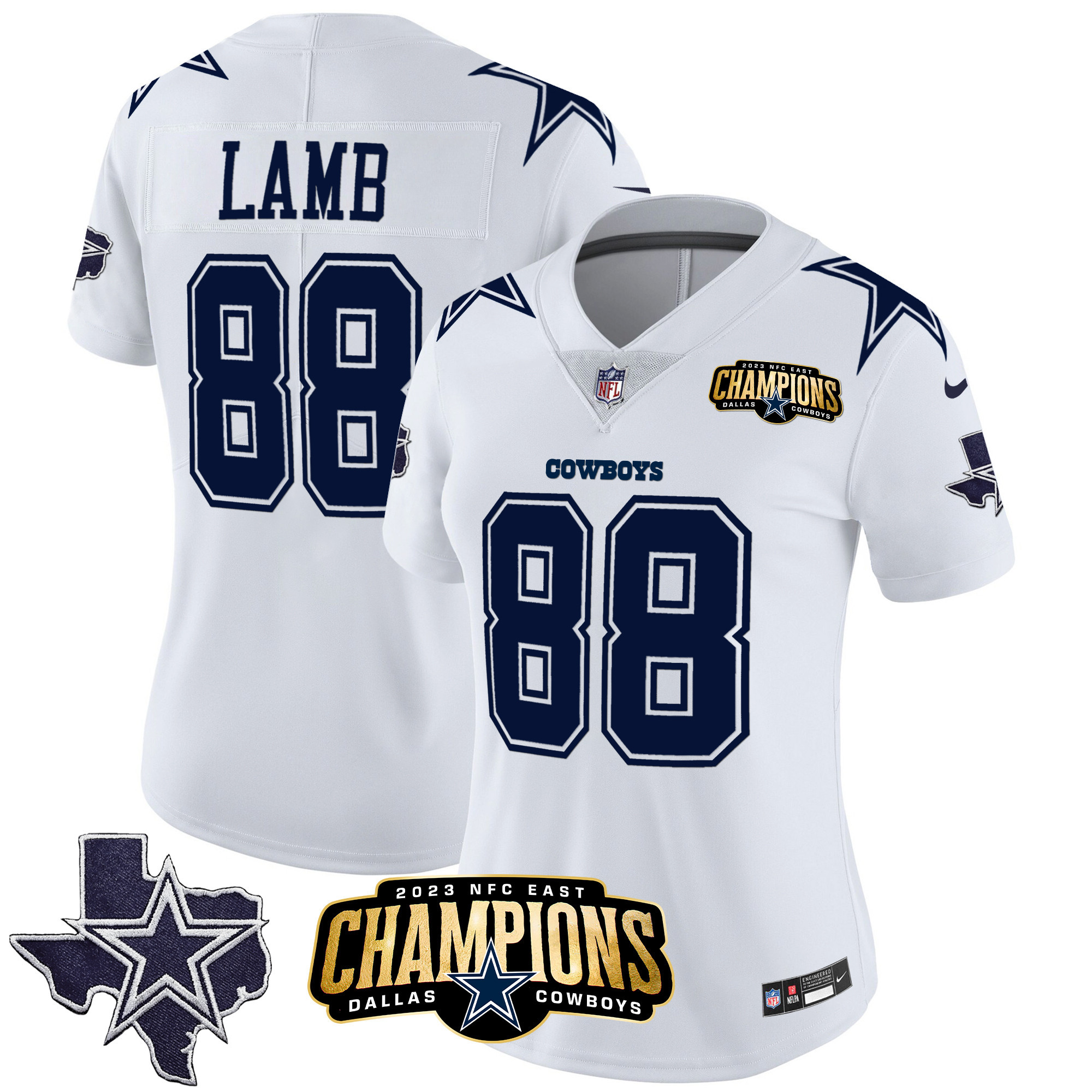 CeeDee Lamb Women's Dallas Cowboys 2023 NFC East Champions Patch Vapor White Jersey - All Stitched 