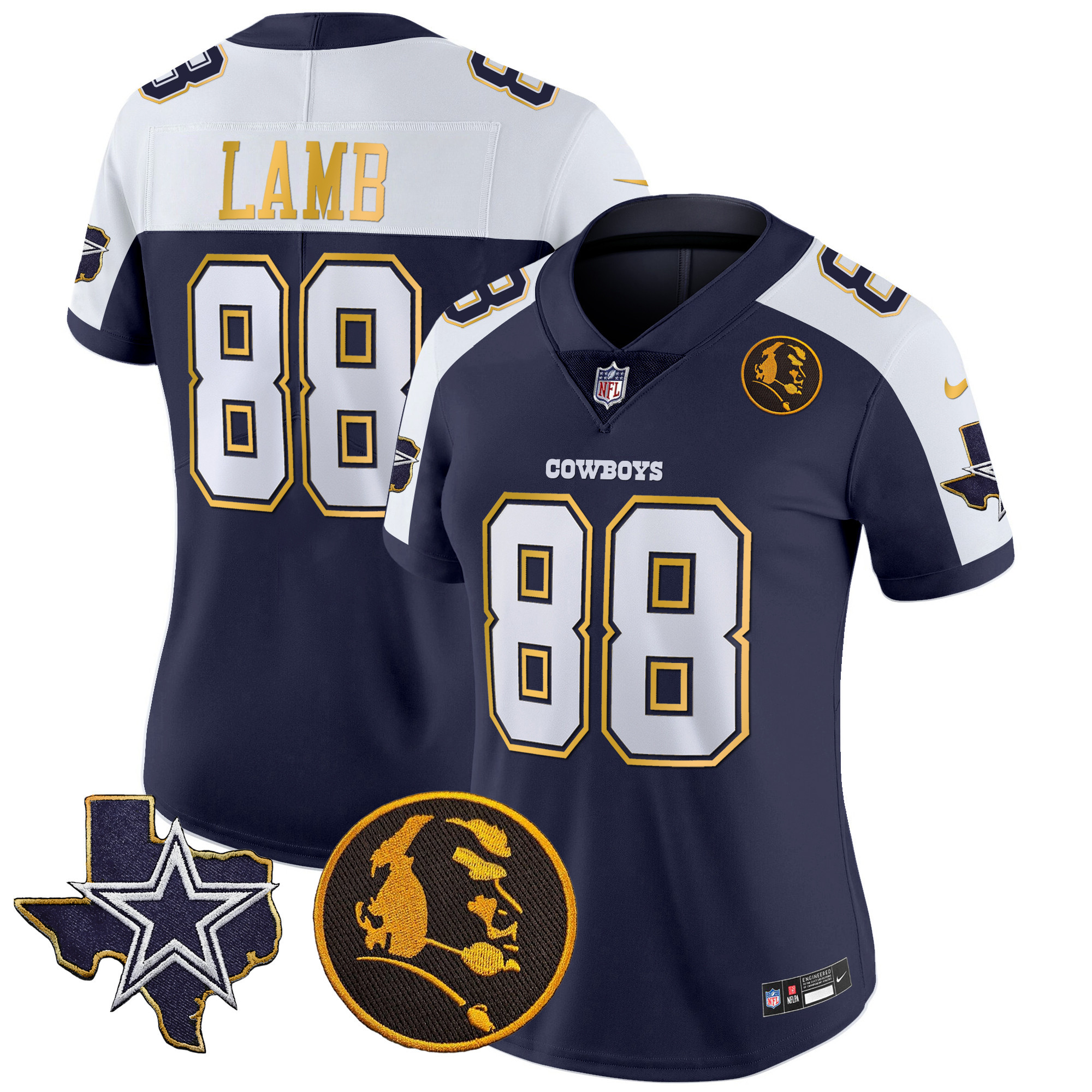 CeeDee Lamb Women's Dallas Cowboys Texas & John Madden Patch Gold Trim Vapor Navy Alternate Jersey - All Stitched 