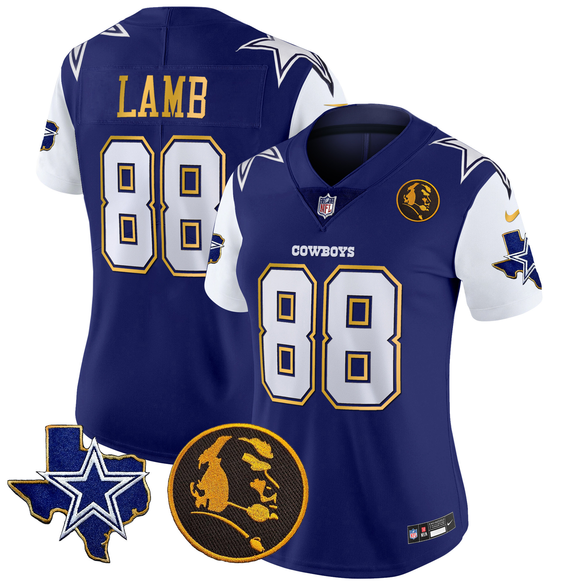 CeeDee Lamb Women's Dallas Cowboys Texas & John Madden Patch Gold Trim Vapor Royal Jersey - All Stitched 
