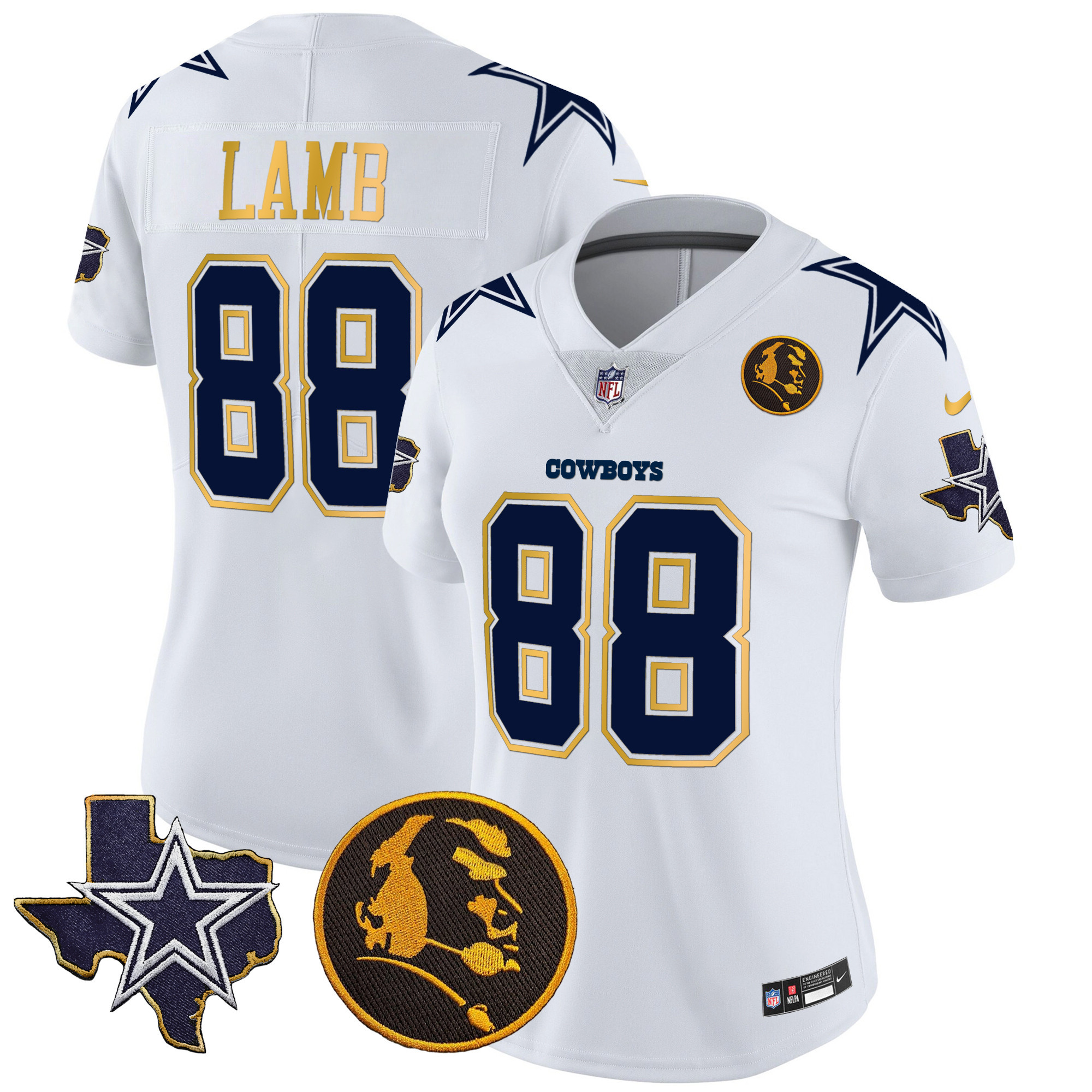 CeeDee Lamb Women's Dallas Cowboys Texas & John Madden Patch Gold Trim Vapor White Jersey - All Stitched 