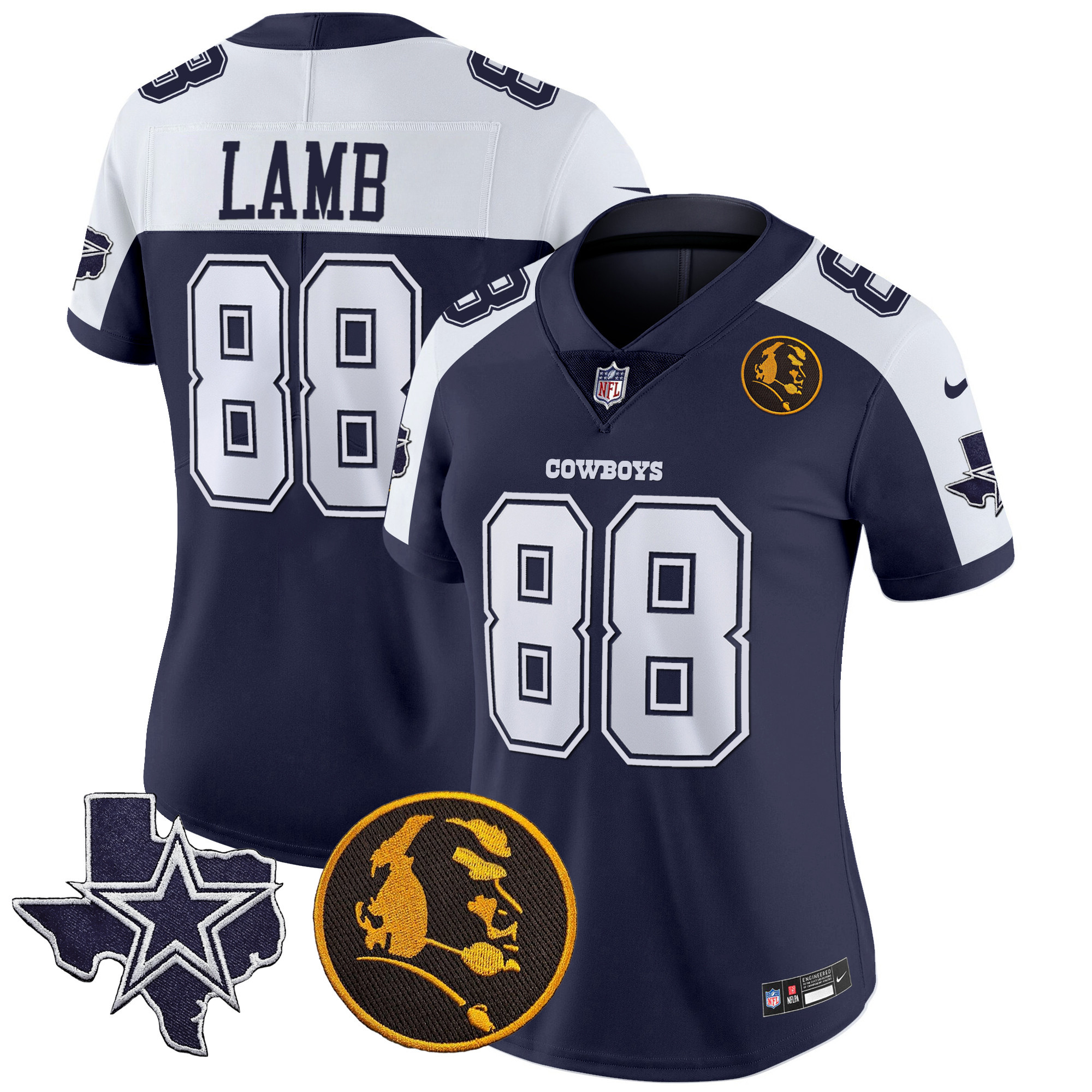 CeeDee Lamb Women's Dallas Cowboys Texas & John Madden Patch Vapor Alternate Navy Jersey - All Stitched 