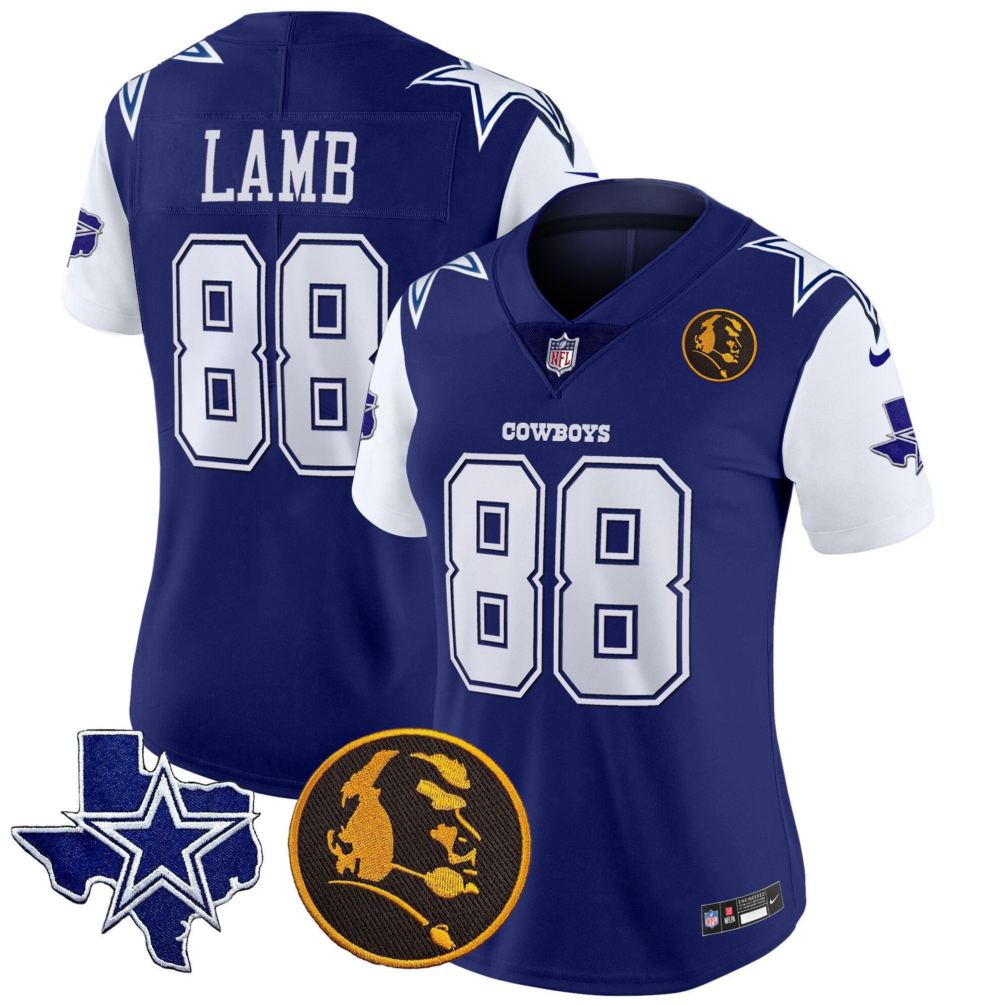 CeeDee Lamb Women's Dallas Cowboys Texas & John Madden Patch Vapor Royal Jersey - All Stitched 