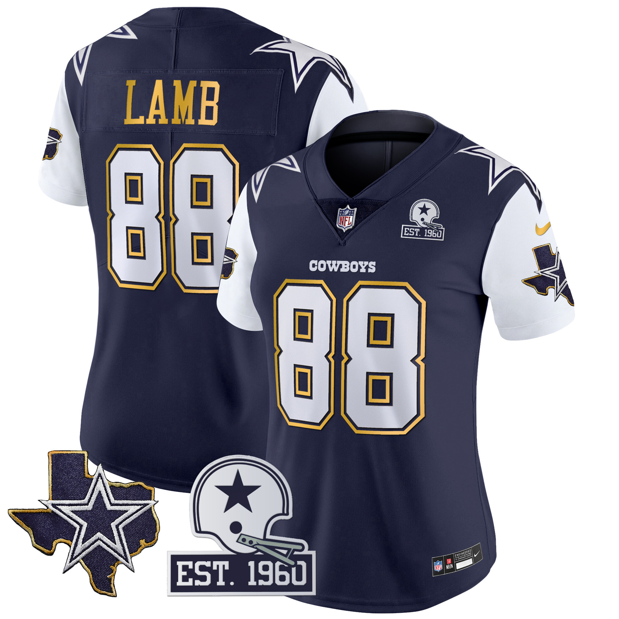 CeeDee Lamb Women's Dallas Cowboys Texas Patch Gold Trim Vapor Navy Jersey - All Stitched 