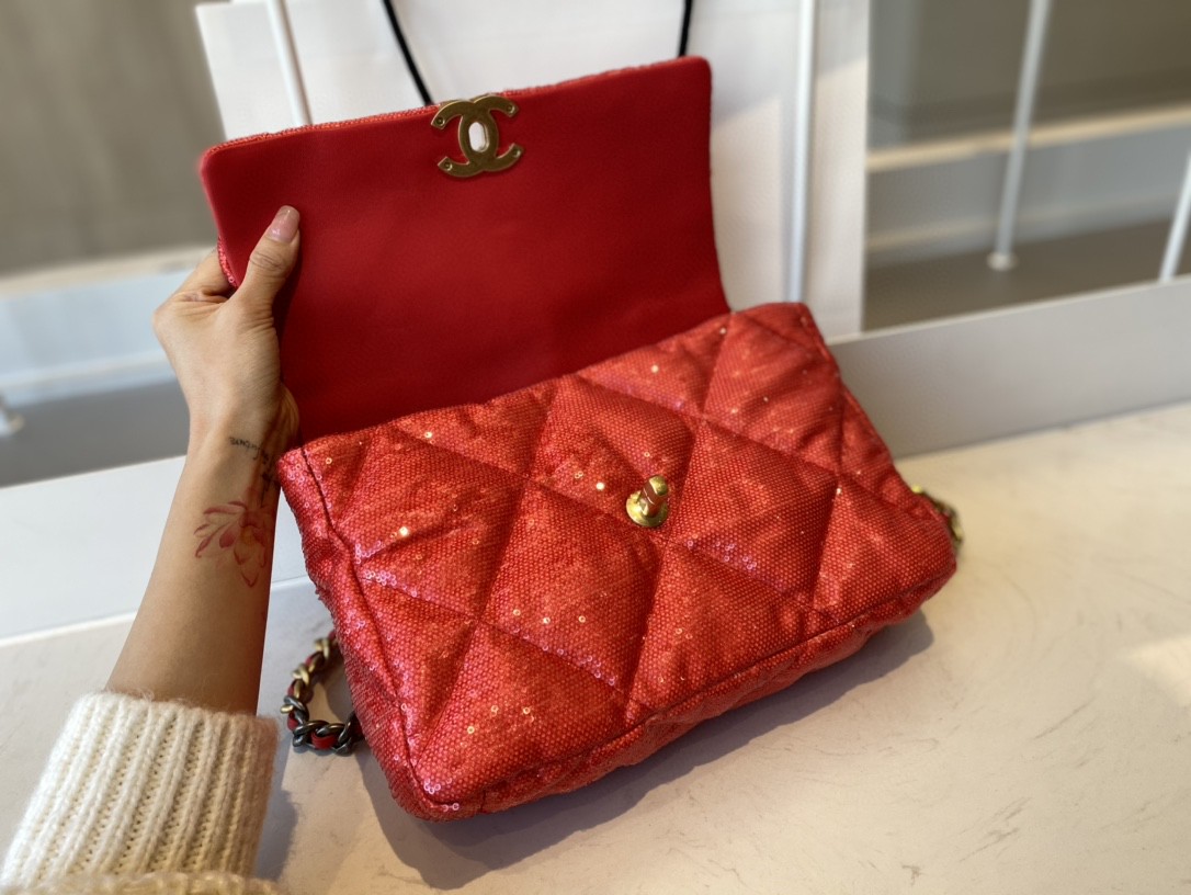 Chanel 19 Flap Bag Gold Hardware Red For Women, Women’s Handbags, Shoulder Bags 10.2in/26cm AS1160 