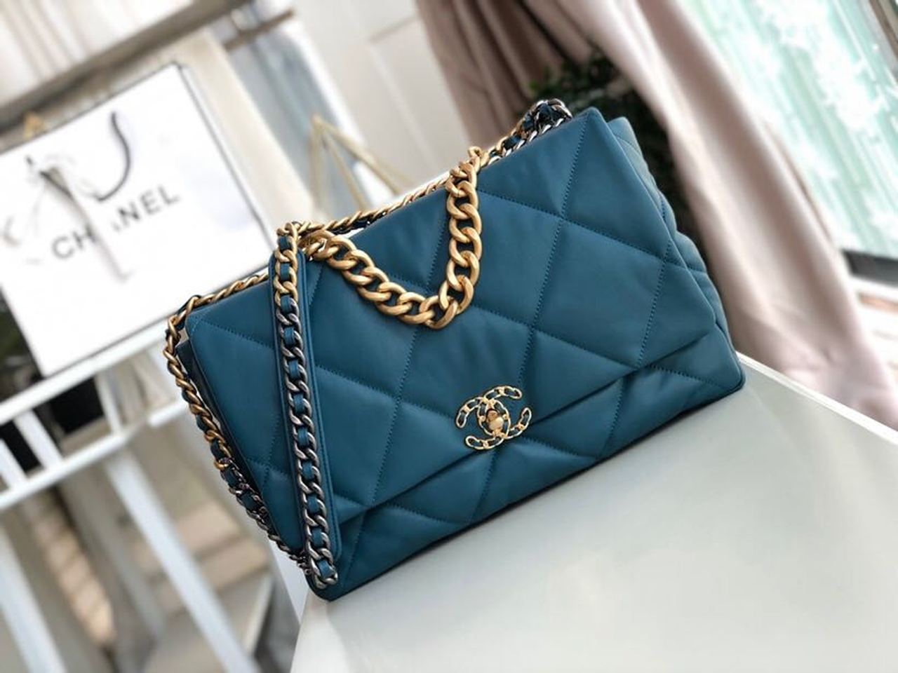 Chanel 19 Maxi Handbag Teal For Women, Women’s Bags, Shoulder And Crossbody Bags 14in/36cm