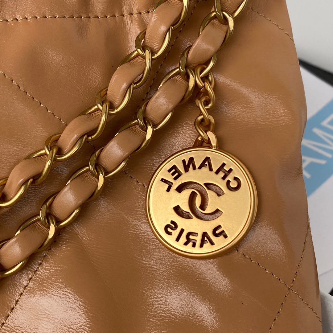 Chanel 22 Handbag Gold Hardware Shiny Camel For Women, Women’s Handbags, Shoulder Bags 16.5in/38cm