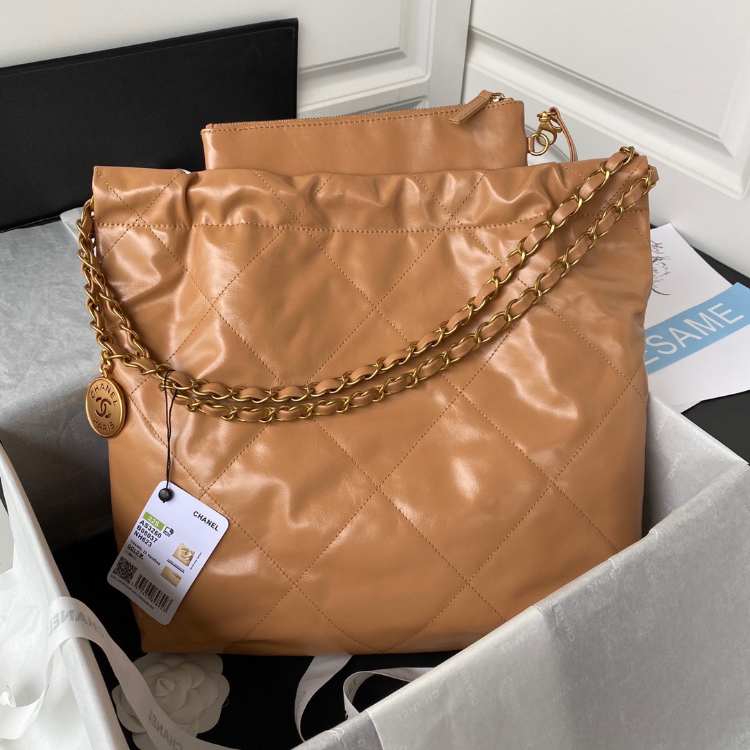 Chanel 22 Handbag Gold Hardware Shiny Camel For Women, Women’s Handbags, Shoulder Bags 16.5in/38cm