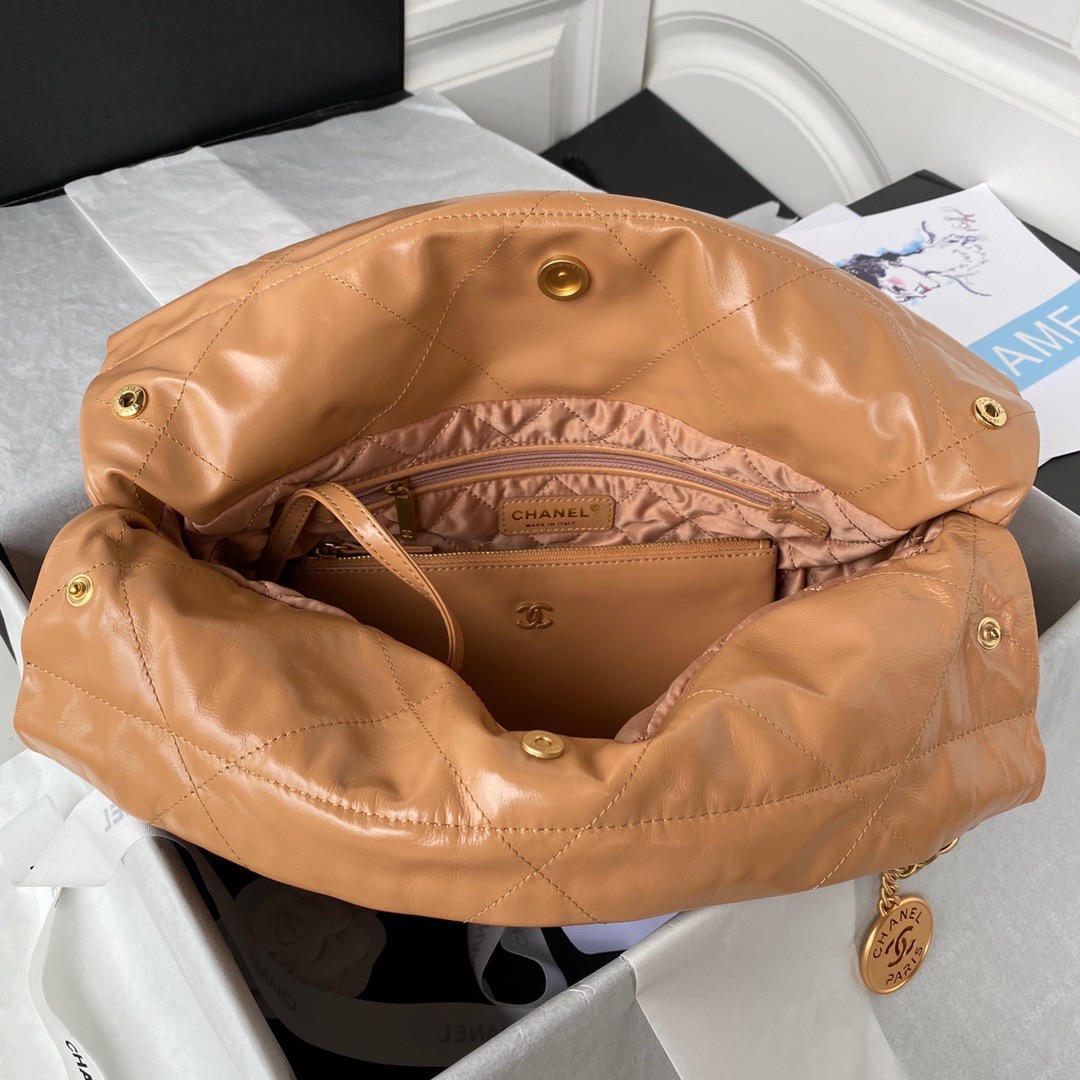 Chanel 22 Handbag Gold Hardware Shiny Camel For Women, Women’s Handbags, Shoulder Bags 16.5in/38cm