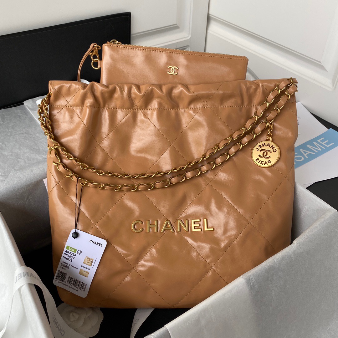 Chanel 22 Handbag Gold Hardware Shiny Camel For Women, Women’s Handbags, Shoulder Bags 16.5in/38cm