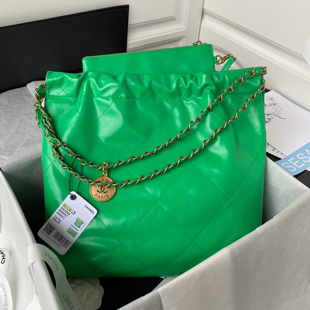 Chanel 22 Handbag Gold Hardware Shiny Green For Women, Women’s Handbags, Shoulder Bags 16.5in/38cm