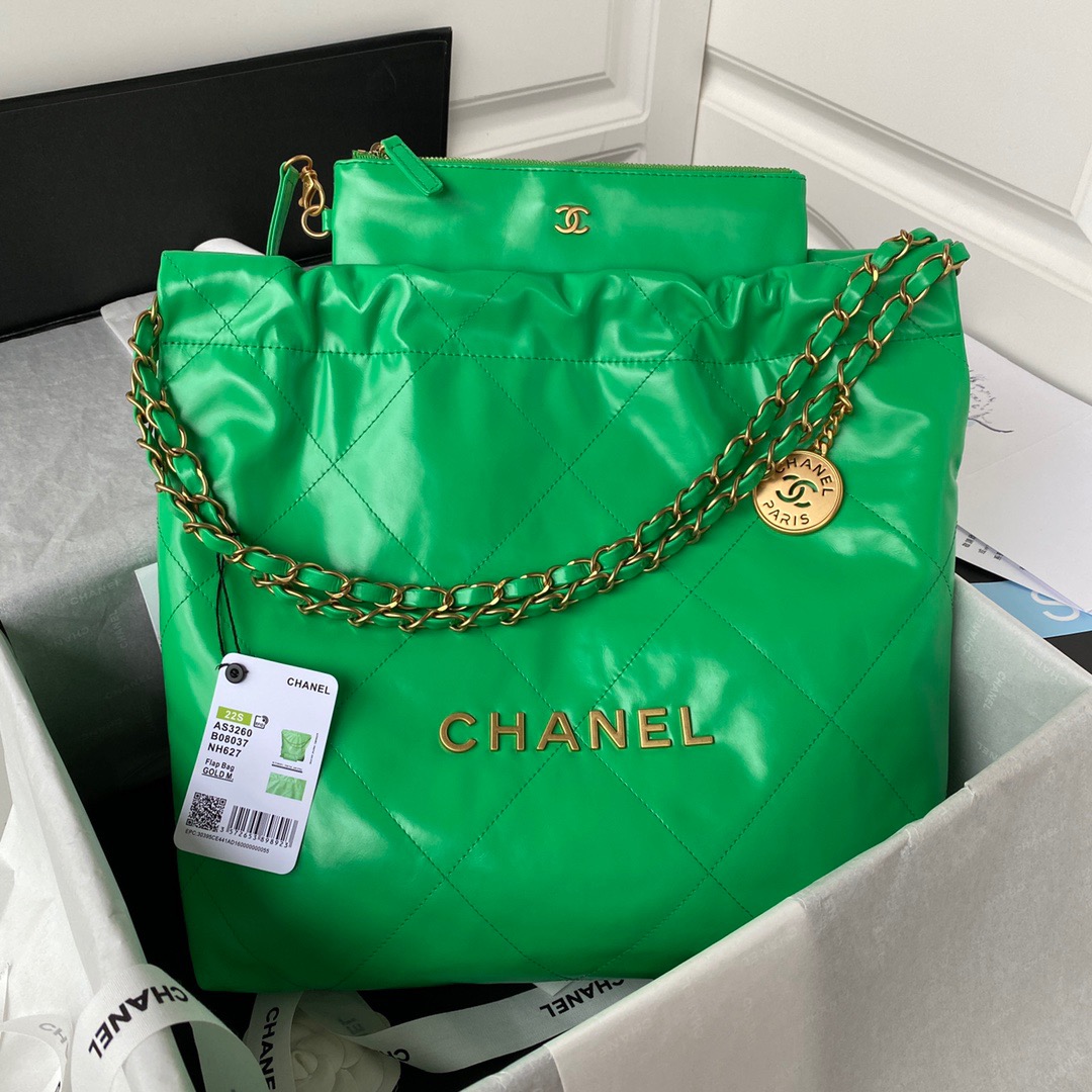 Chanel 22 Handbag Gold Hardware Shiny Green For Women, Women’s Handbags, Shoulder Bags 16.5in/38cm