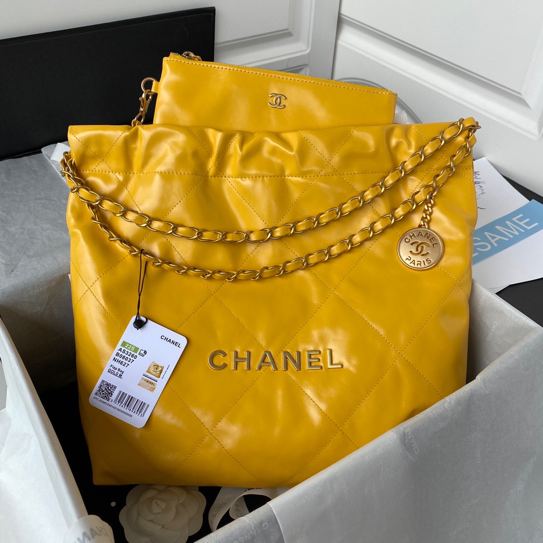 Chanel 22 Handbag Gold Hardware Shiny Yellow For Women, Women’s Handbags, Shoulder Bags 16.5in/38cm