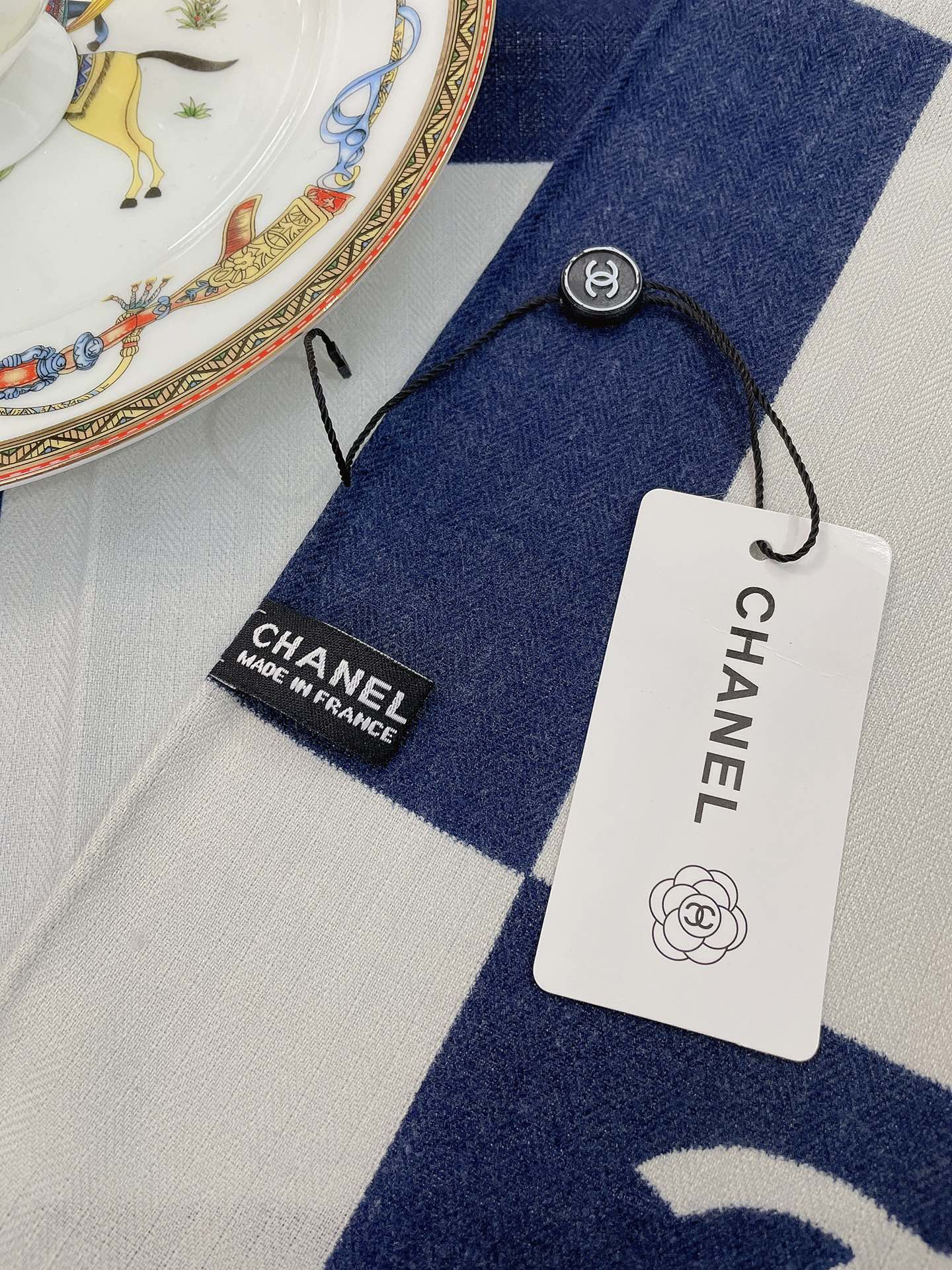 Chanel 31 Rue Cambon Pattern in Blue and White Square Scarf 140cm/55in
