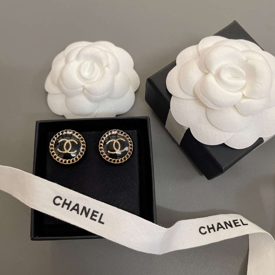 Chanel  Round Acrylic Stud Earrings Black For Women
