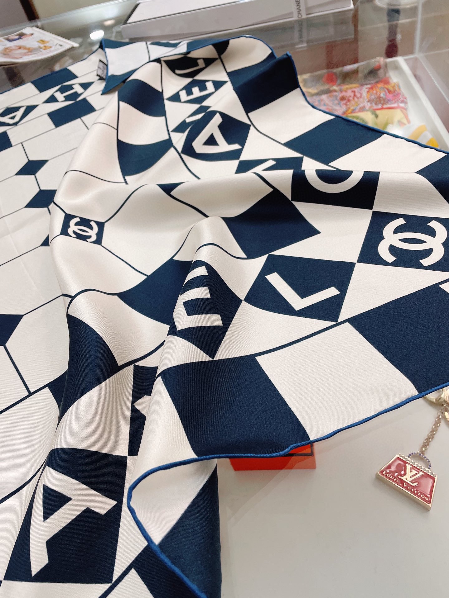 Chanel Argyle Pattern in Dark Blue and White Square Scarf 90cm/35in