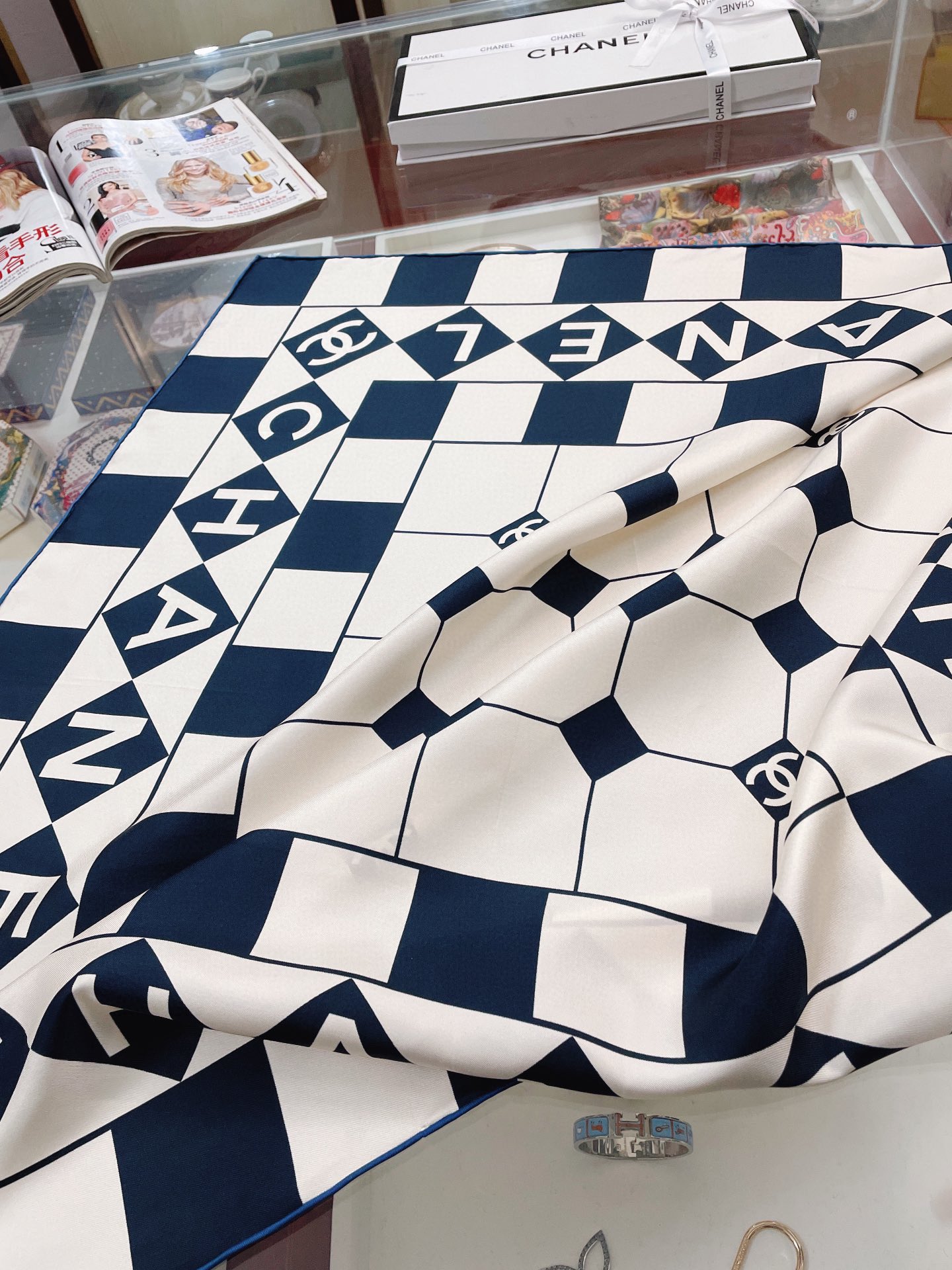 Chanel Argyle Pattern in Dark Blue and White Square Scarf 90cm/35in