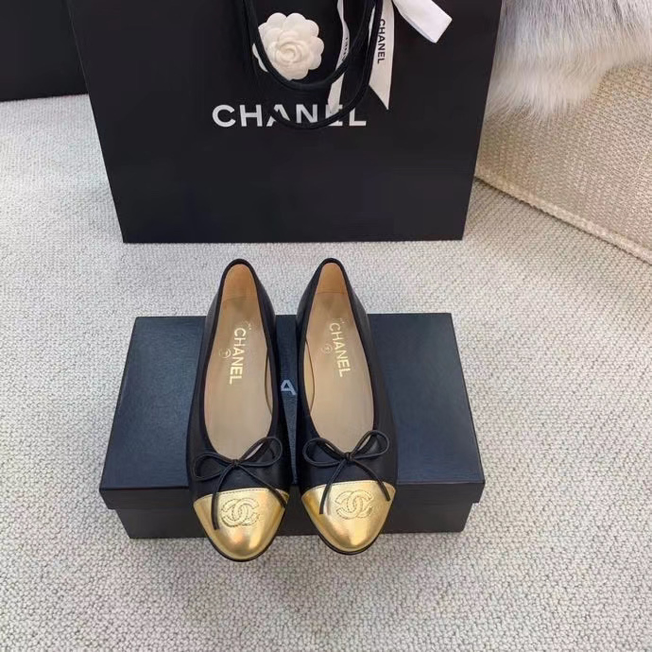 Chanel Ballerina Flats Black/Gold For Women, Women’s Shoes G02819