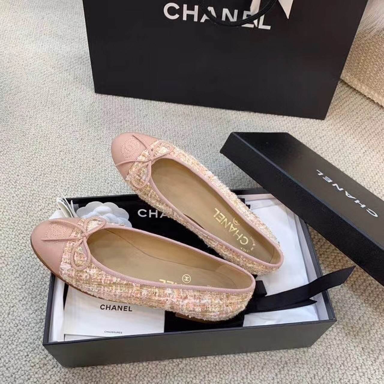 Chanel Ballerina Flats Tweed and Grosgrain Light Pink For Women, Women’s Shoes G02819