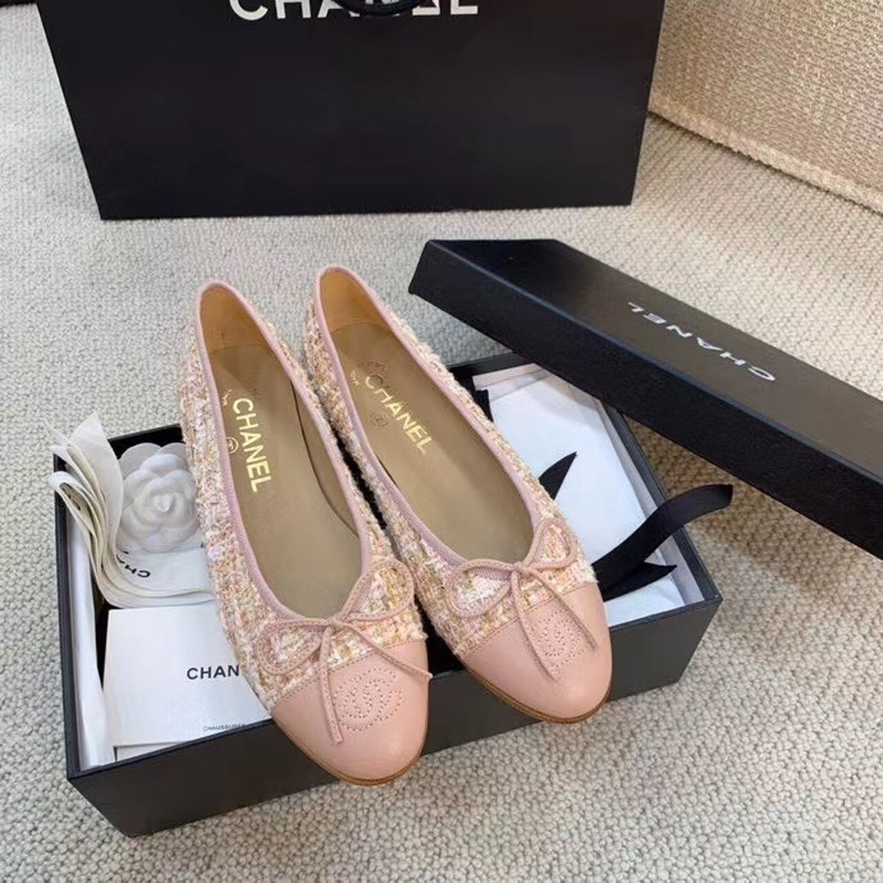 Chanel Ballerina Flats Tweed and Grosgrain Light Pink For Women, Women’s Shoes G02819