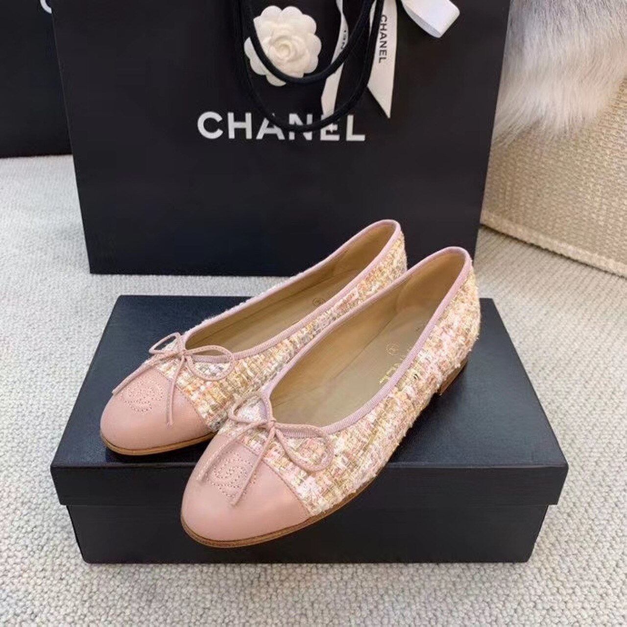 Chanel Ballerina Flats Tweed and Grosgrain Light Pink For Women, Women’s Shoes G02819