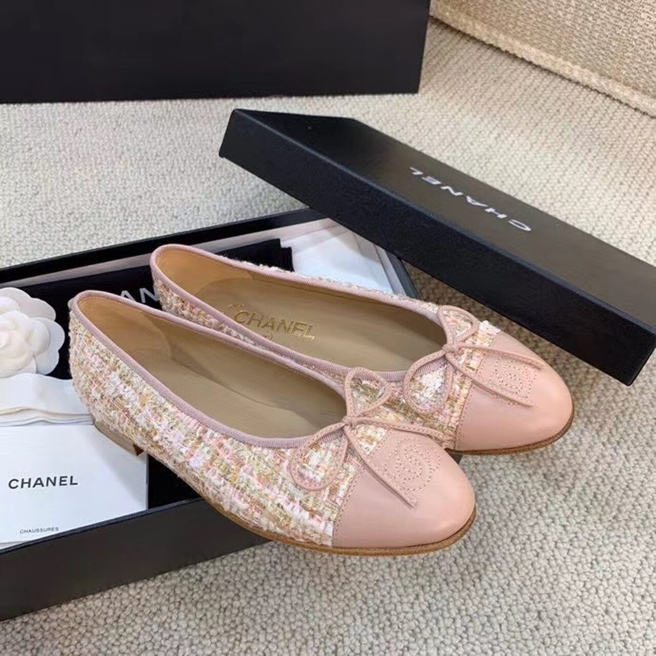 Chanel Ballerina Flats Tweed and Grosgrain Light Pink For Women, Women’s Shoes G02819