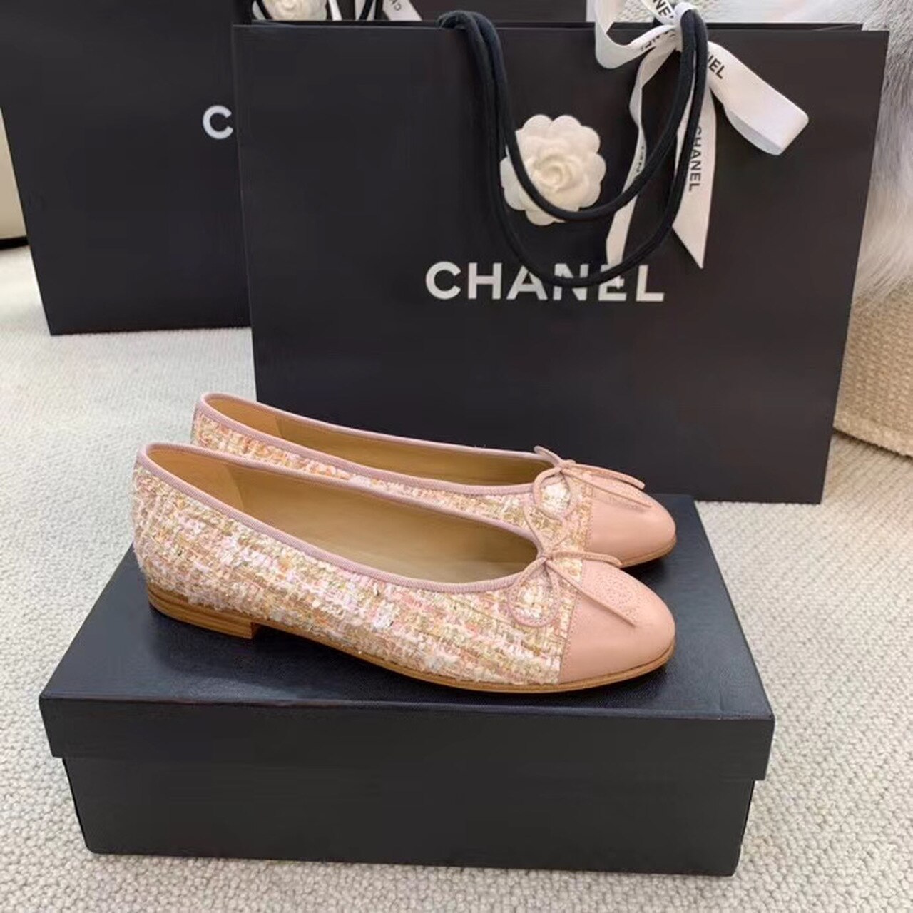 Chanel Ballerina Flats Tweed and Grosgrain Light Pink For Women, Women’s Shoes G02819