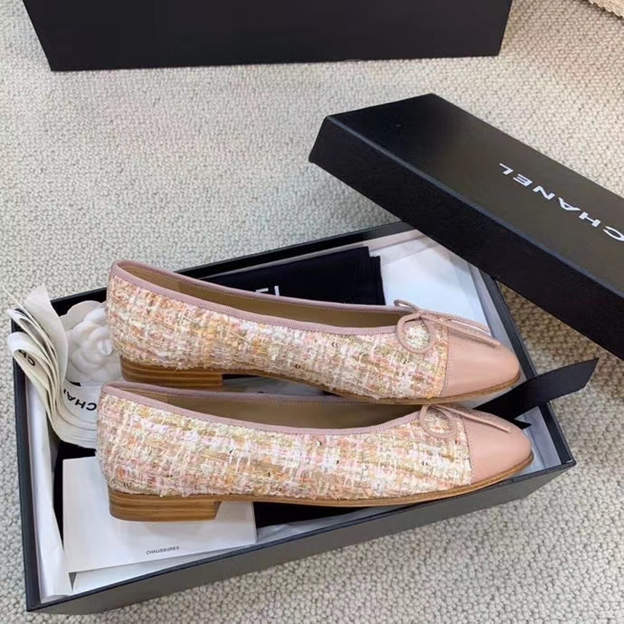 Chanel Ballerina Flats Tweed and Grosgrain Light Pink For Women, Women’s Shoes G02819