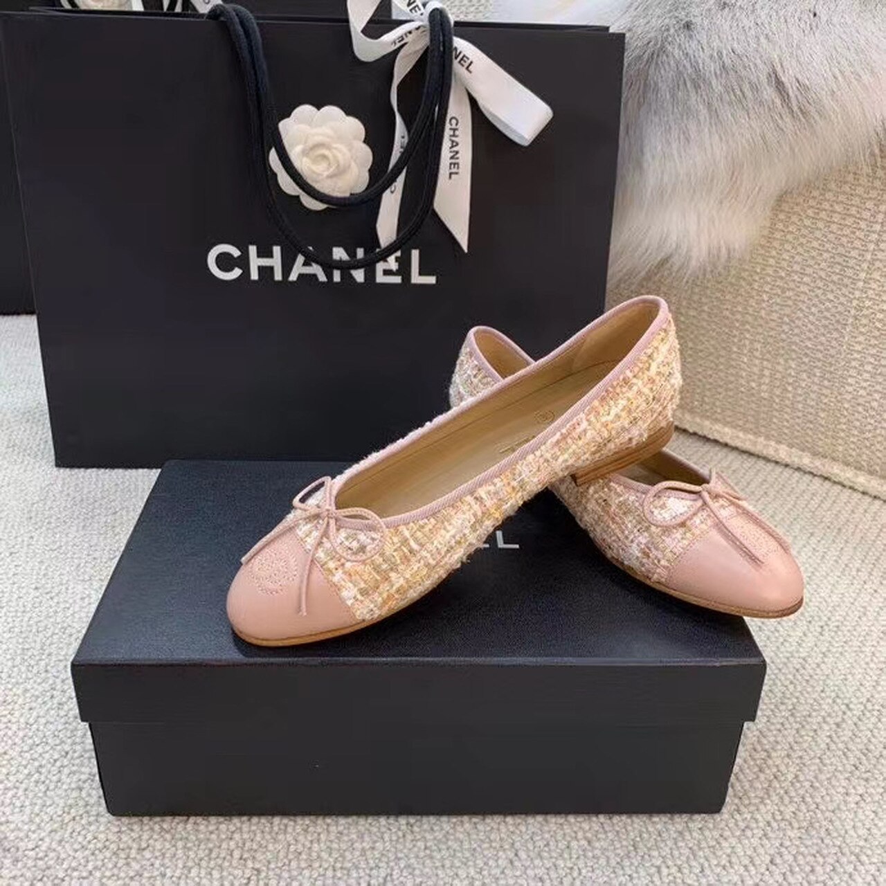 Chanel Ballerina Flats Tweed and Grosgrain Light Pink For Women, Women’s Shoes G02819