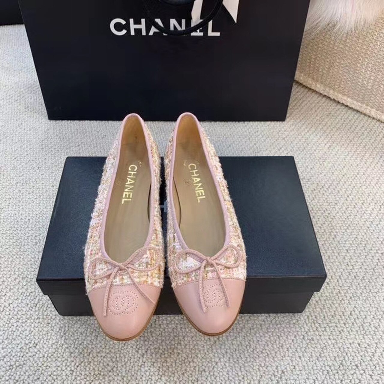 Chanel Ballerina Flats Tweed and Grosgrain Light Pink For Women, Women’s Shoes G02819