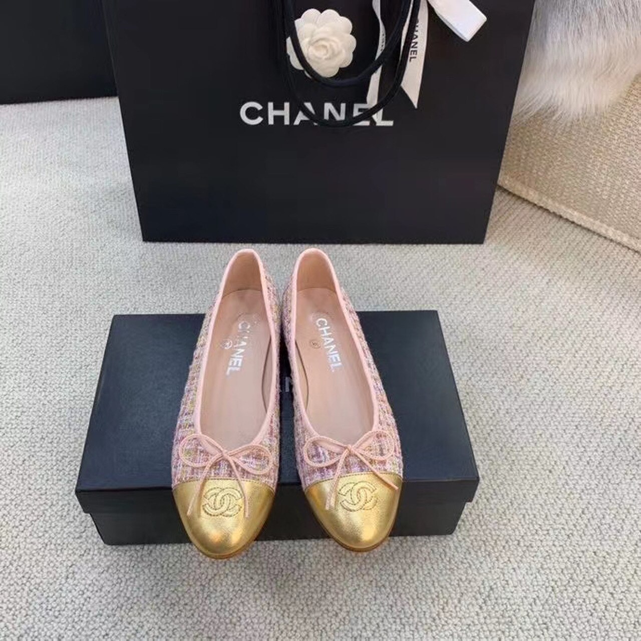 Chanel Ballerina Flats Tweed and Grosgrain Pink/Gold For Women, Women’s Shoes G02819