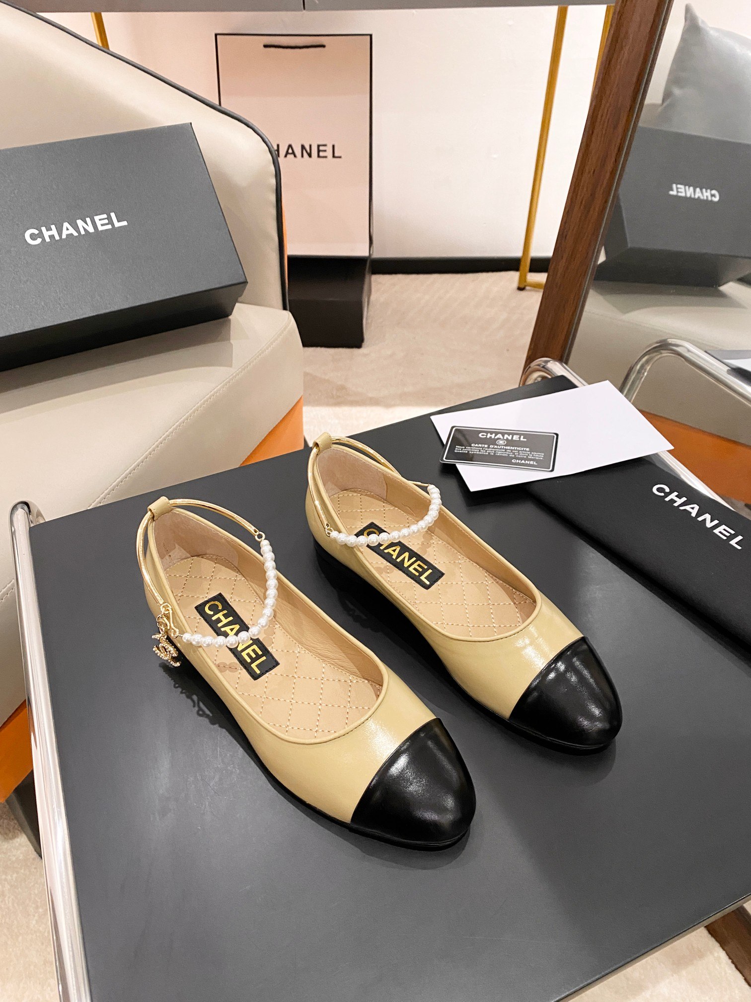 Chanel Ballerina Logo Shoes Beige For Women