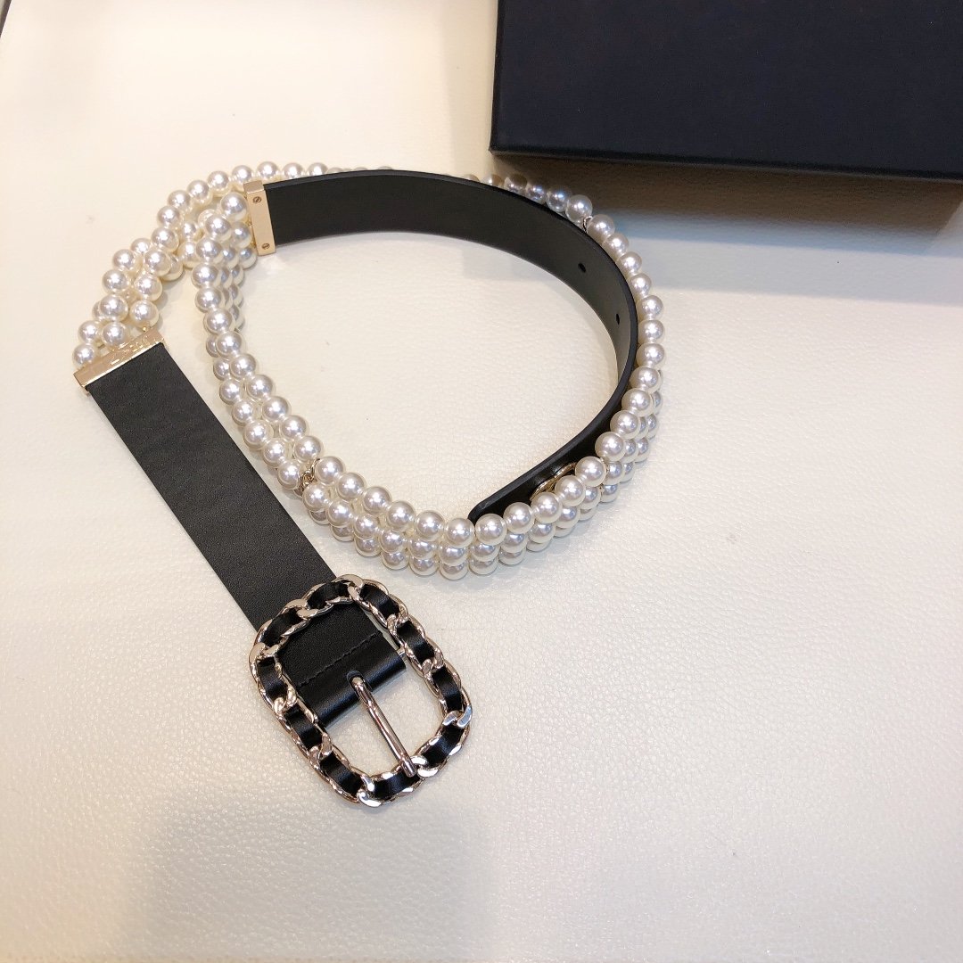 Chanel Belt In Black Imitation Pearls With Gold-Toned Square Metal and Strass Women Belt