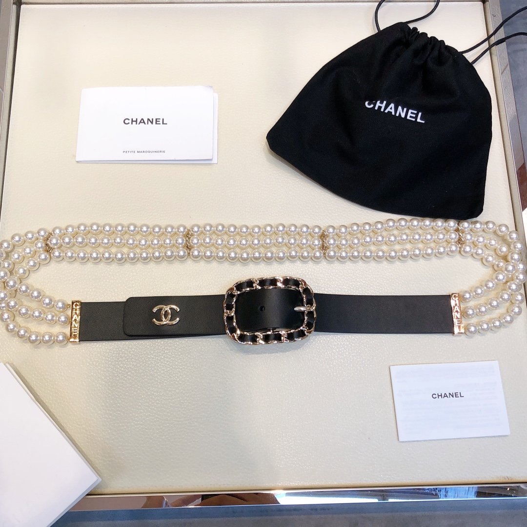Chanel Belt In Black Imitation Pearls With Gold-Toned Square Metal and Strass Women Belt