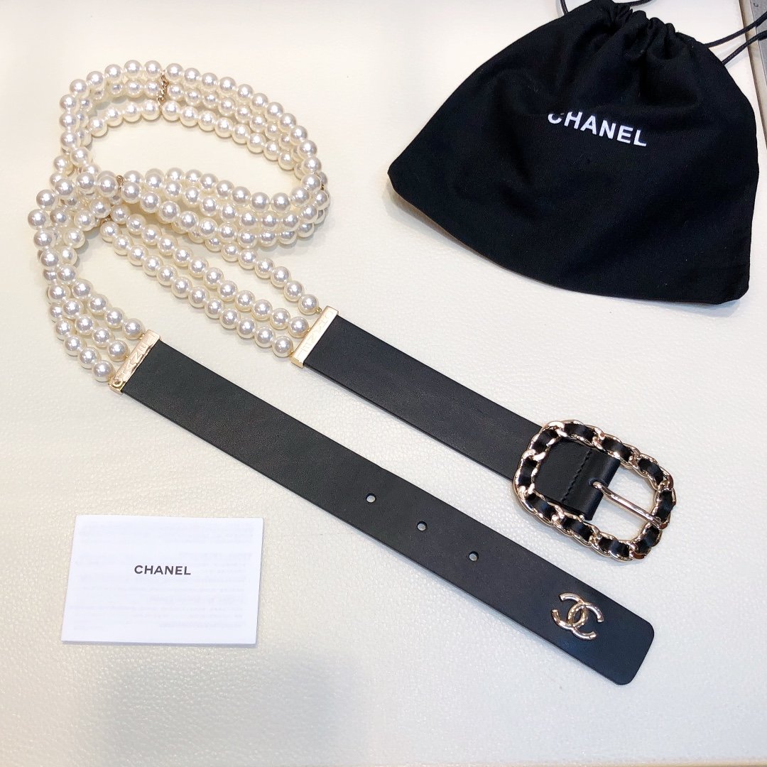 Chanel Belt In Black Imitation Pearls With Gold-Toned Square Metal and Strass Women Belt