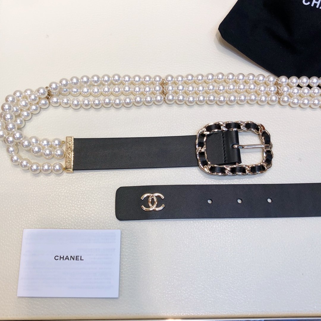 Chanel Belt In Black Imitation Pearls With Gold-Toned Square Metal and Strass Women Belt