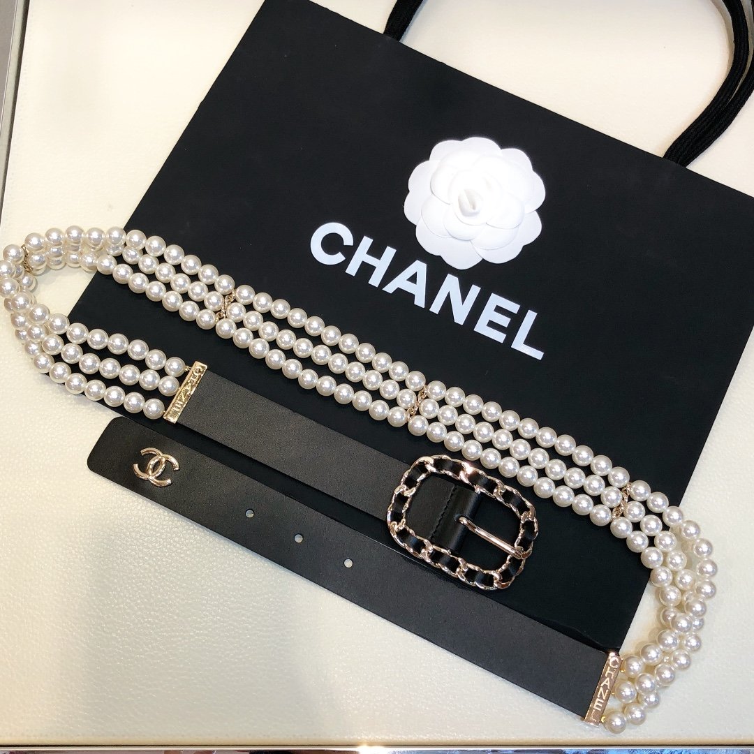 Chanel Belt In Black Imitation Pearls With Gold-Toned Square Metal and Strass Women Belt