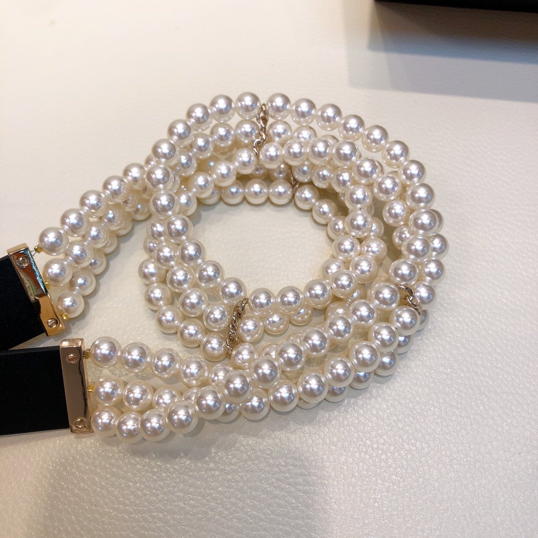Chanel Belt In Black Imitation Pearls With Gold-Toned Square Metal and Strass Women Belt