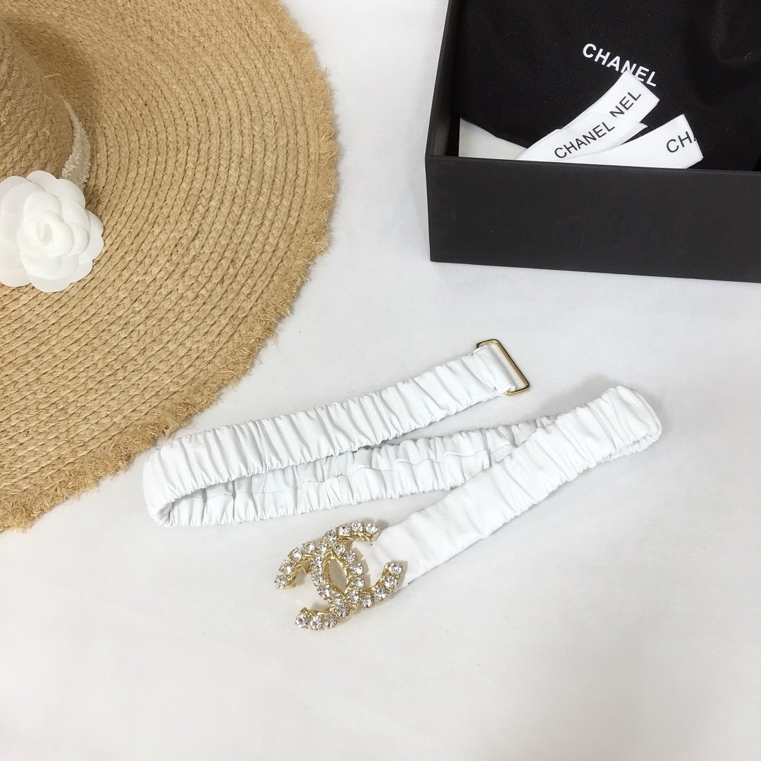Chanel Belt Velvet White With Double C Buckle Gold-Toned and Strass Hardware Women Belt