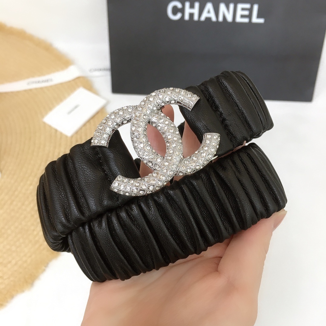 Chanel Belt With Beaded Buckle Black Silver-Toned Metal Hardware and Strass Women Belt