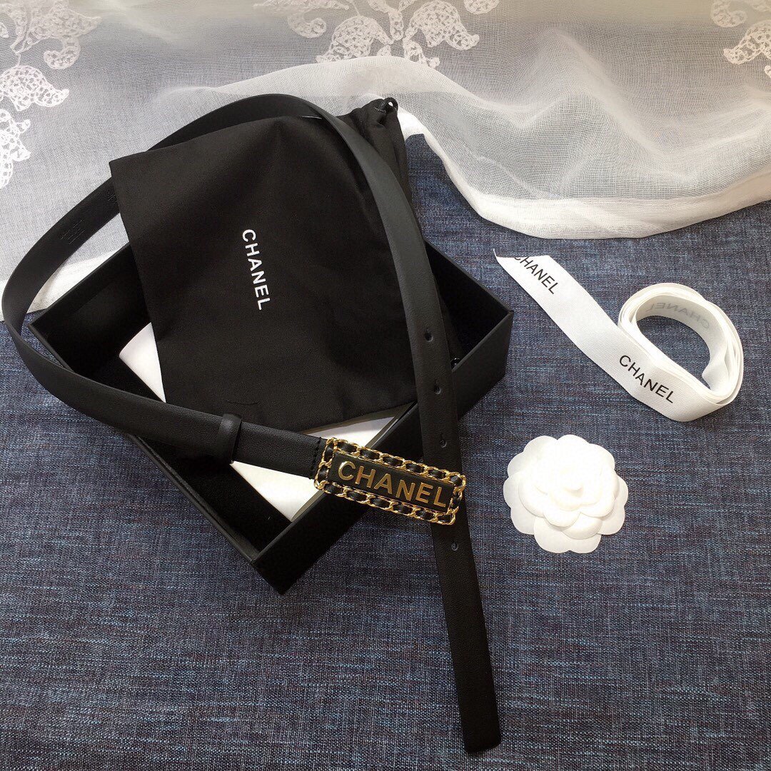 Chanel Belt With Chanel Signature Black with Gold-Toned Metal Hardware Women Belt