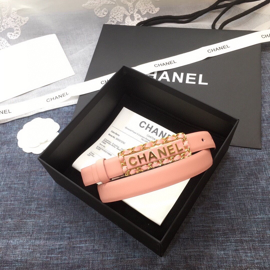 Chanel Belt With Chanel Signature Light Pink with Gold-Toned Metal Hardware Women Belt