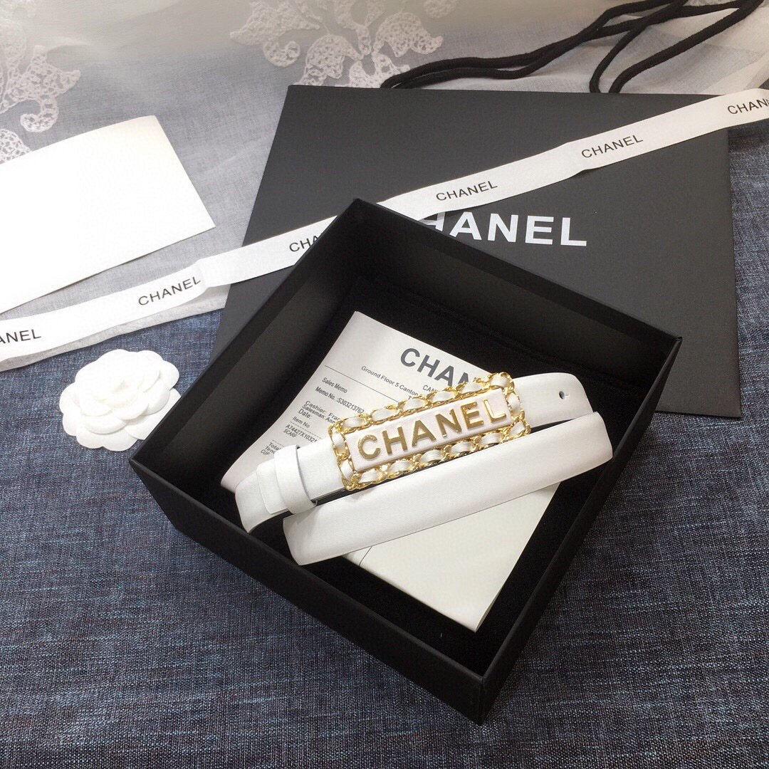 Chanel Belt With Chanel Signature White with Gold-Toned Metal Hardware Women Belt