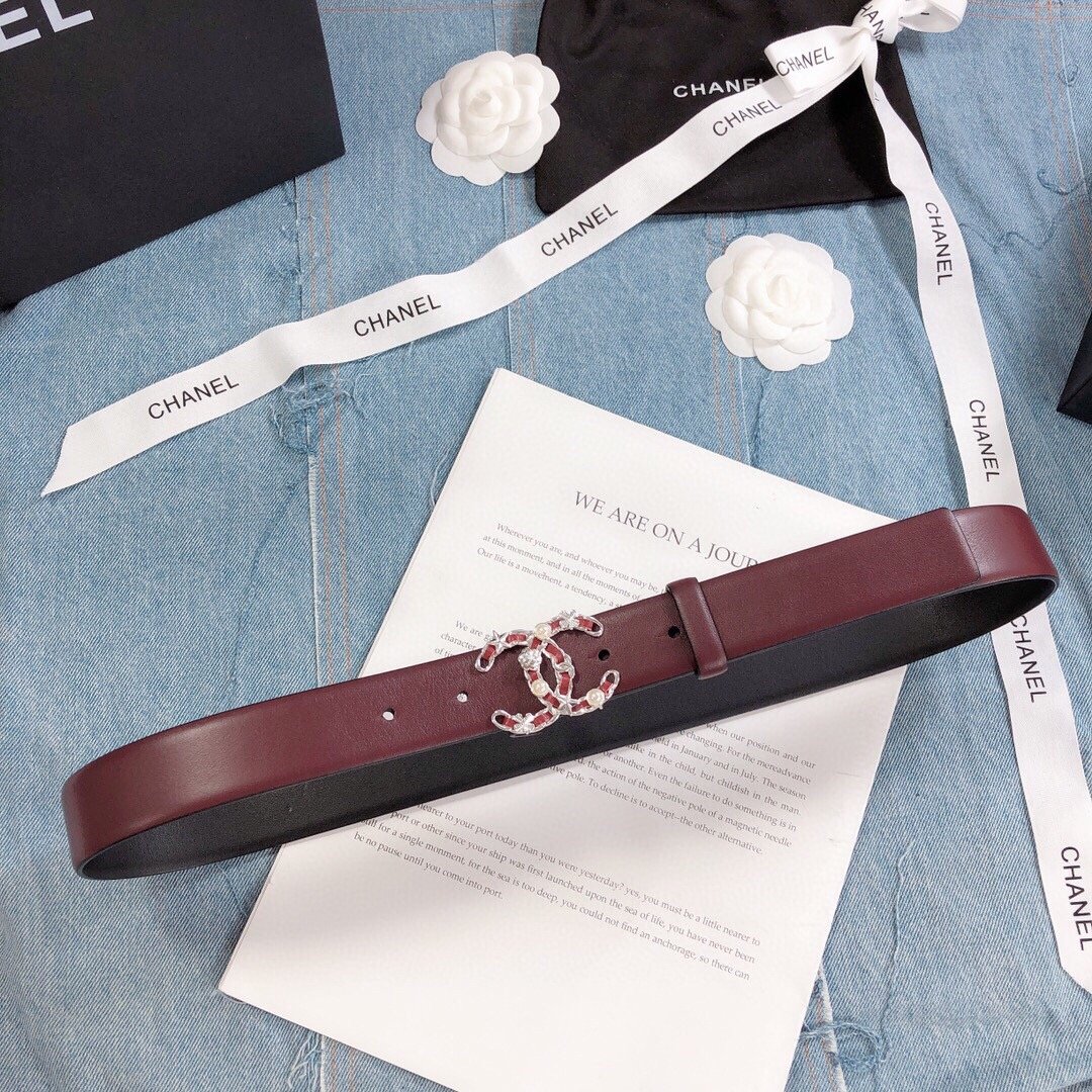 Chanel Belt With Double C Buckle Burgundy Silver Toned Hardware Women Belt