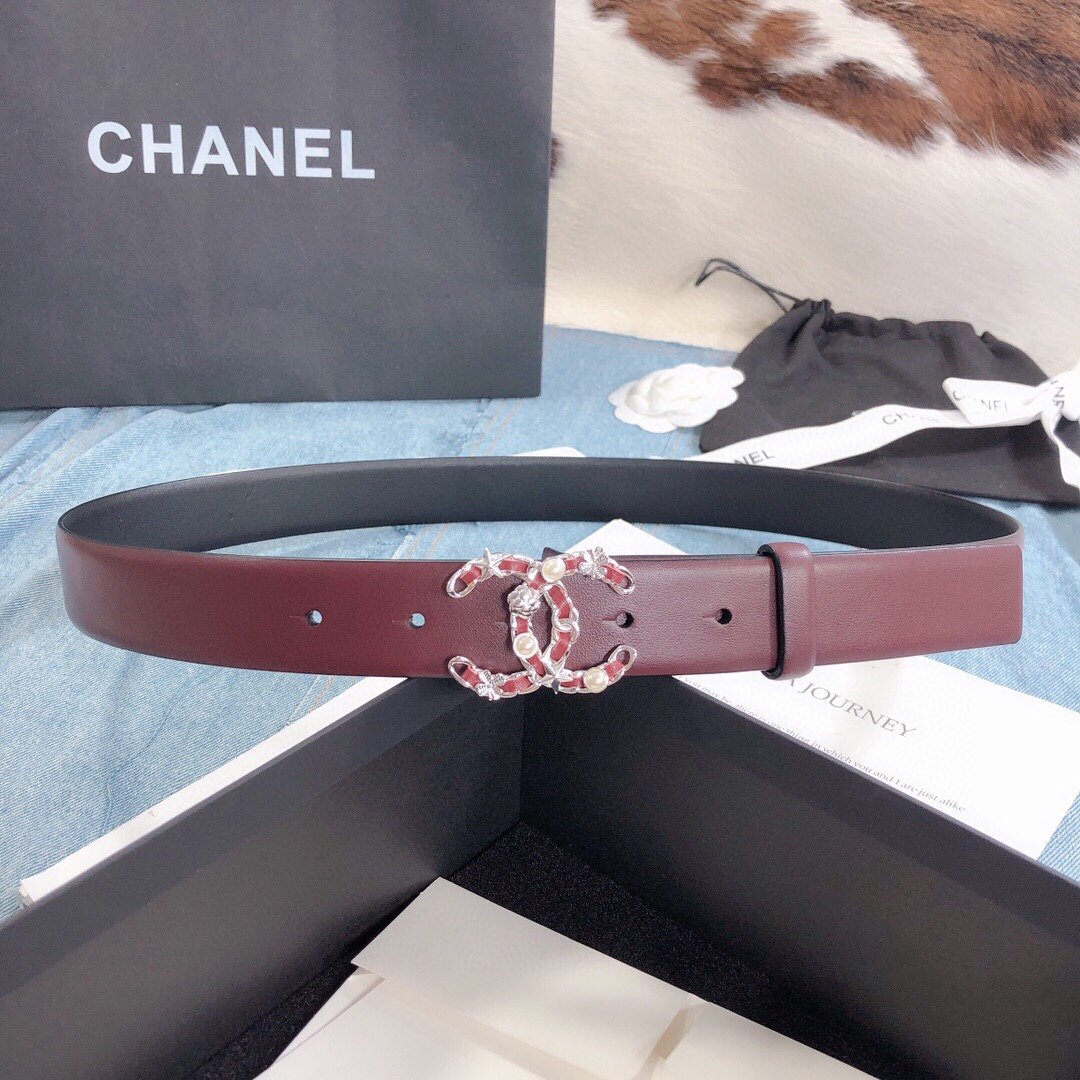 Chanel Belt With Double C Buckle Burgundy Silver Toned Hardware Women Belt